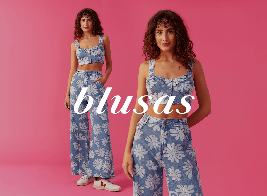 https://www.dressto.com.br/mulher morena usando conjunto de blusa e calça jeans estampados com flores na mesma padronagem